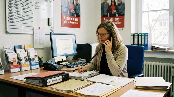Sozialarbeiterin am Schreibtisch bei der Organisation von Hilfsangeboten für die Zeit nach der Entlassung