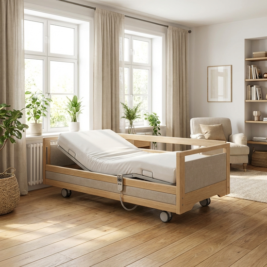 Modernes elektrisches Pflegebett in einem hellen Schlafzimmer zu Hause