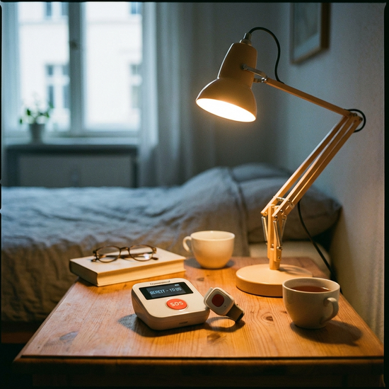 Kompaktes Hausnotruf-Gerät auf einem Nachttisch neben einer Leselampe