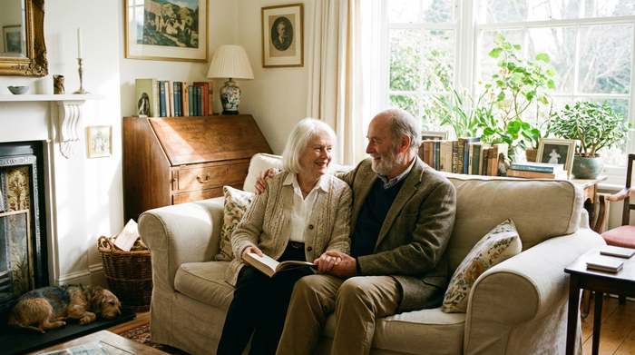 Älteres Ehepaar sitzt entspannt und lächelnd auf einem bequemen Sofa in einem hellen Wohnzimmer