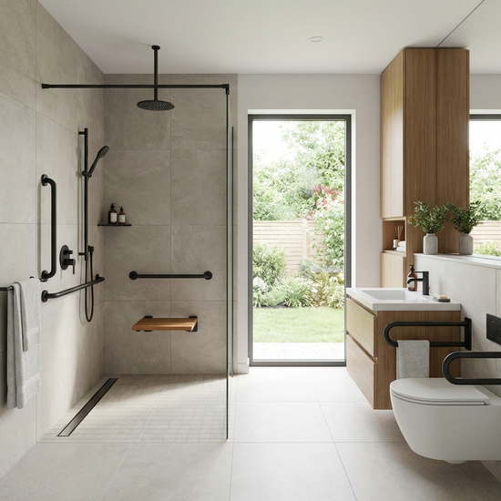 Modernes, barrierefreies Badezimmer mit bodengleicher Dusche und Haltegriffen