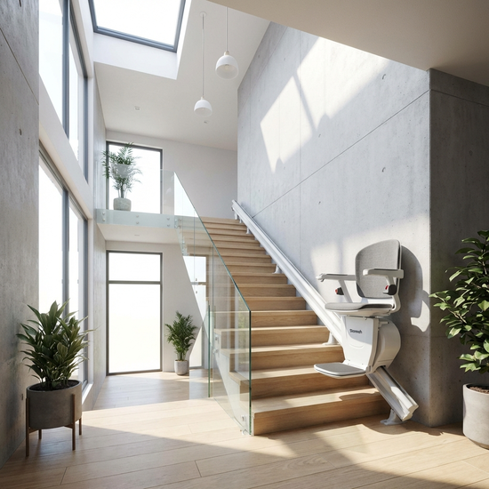 Heller Treppenaufgang mit einem installierten, modernen Sitzlift