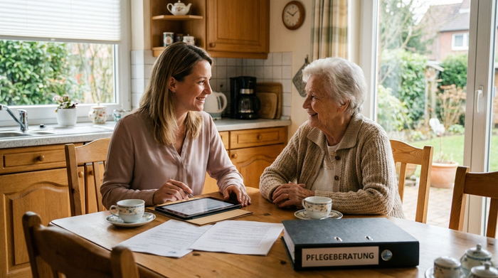 Freundliche Pflegeberaterin und Seniorin im Gespräch am Küchentisch mit Dokumenten