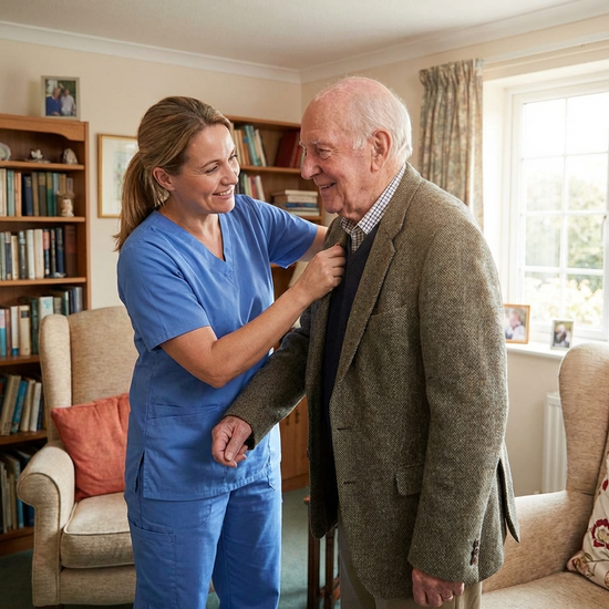 Pflegerin hilft älterem Herrn beim Anziehen einer Jacke