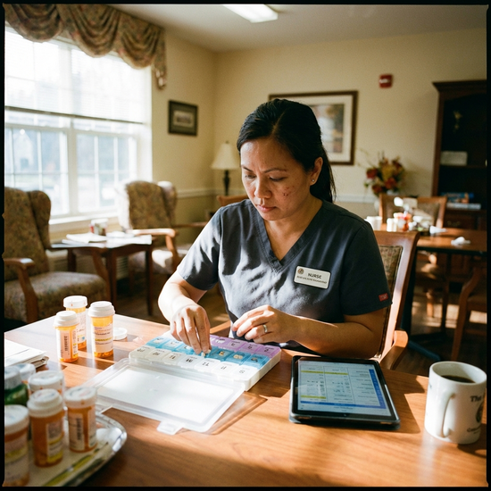 Pflegerin bereitet Medikamente in einem Dispenser auf einem Tisch vor