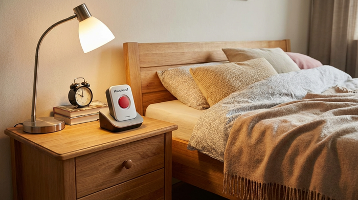 Hausnotruf-Gerät auf einem Nachttisch neben dem Bett
