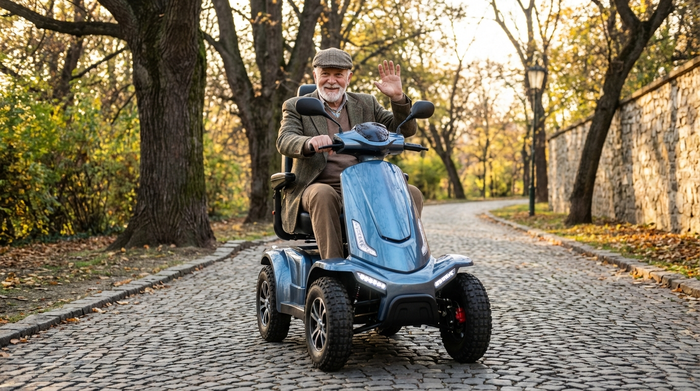 Senior fährt mit einem modernen Elektromobil auf einem gepflasterten Weg