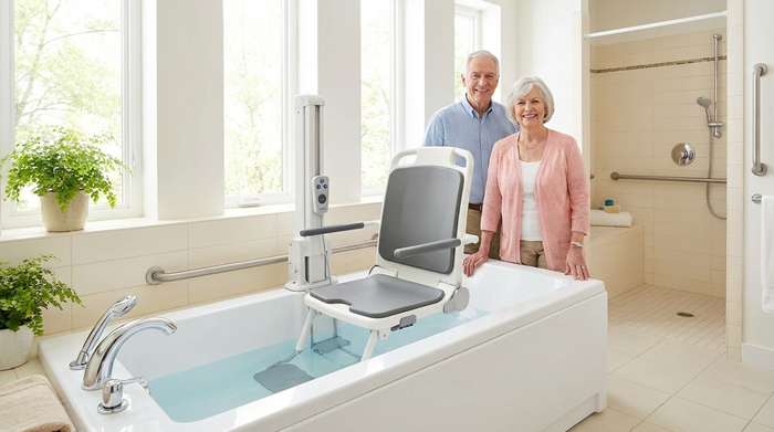 Seniorengerechter Badewannenlift in einer hellen Badewanne