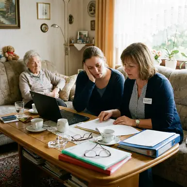 Pflegeberaterin erklärt pflegender Tochter Dokumente am Wohnzimmertisch