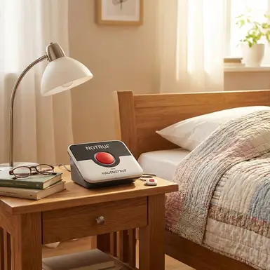 Hausnotruf-Gerät gut sichtbar auf einem Nachttisch neben einem Bett
