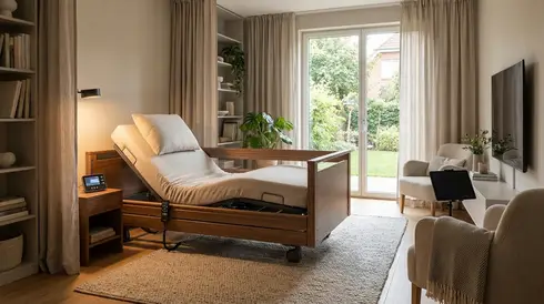 Modernes, elektrisch verstellbares Pflegebett in einem gemütlichen Schlafzimmer