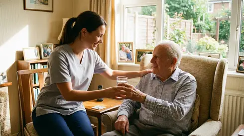 Pflegekraft reicht älterem Herrn sanft ein Glas Wasser