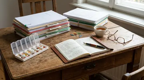 Ordentlich sortierte Dokumente, eine Medikamentenbox und ein Notizbuch auf einem Holztisch
