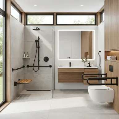 Modernes, barrierefreies Badezimmer mit bodengleicher Dusche und Haltegriffen