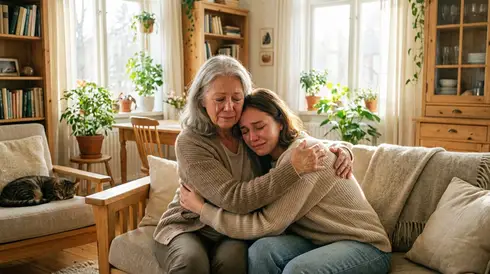 Zwei Frauen umarmen sich tröstend in einem hellen, freundlichen Raum