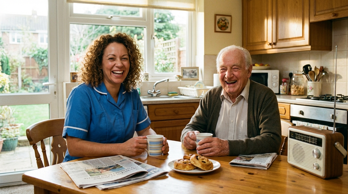 Freundliche Pflegerin und älterer Herr sitzen lächelnd am Küchentisch bei einer Tasse Kaffee
