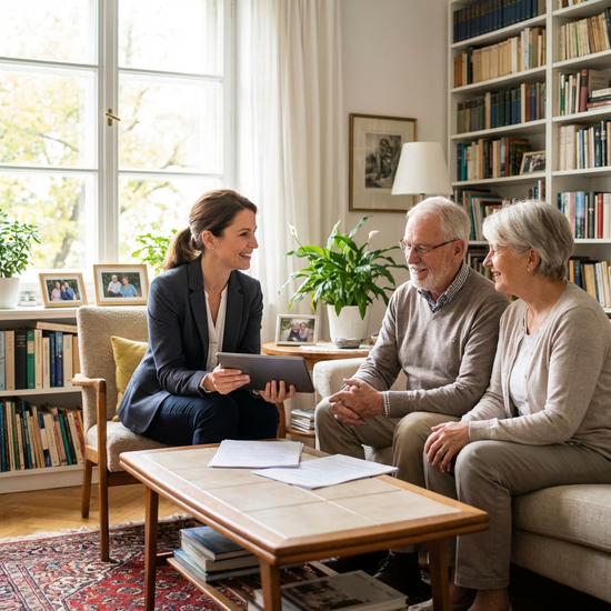 Professionelle Beraterin im Gespräch mit Senioren-Ehepaar im Wohnzimmer