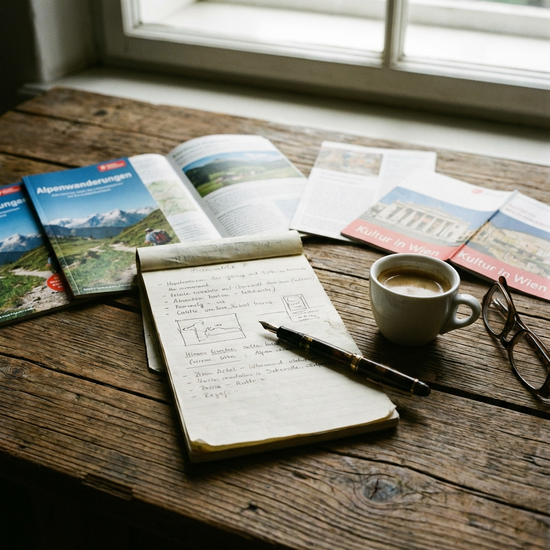 Notizblock mit Stift und Broschüren auf einem Tisch