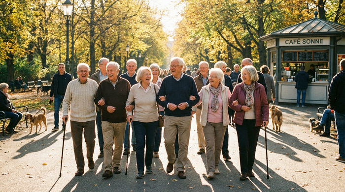 Senioren beim gemeinsamen Spaziergang im Park an einem sonnigen Tag