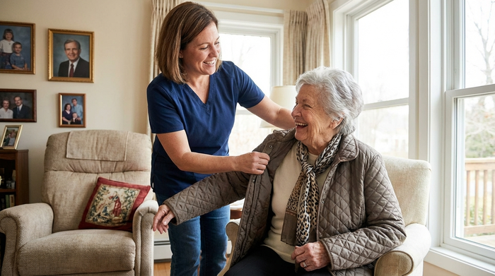 Pflegerin hilft Seniorin beim Anziehen einer Jacke