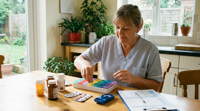 Pflegerin bereitet Medikamente in einer Dosierbox vor