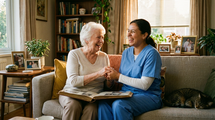 Pflegekraft und Senior lachen gemeinsam im Wohnzimmer