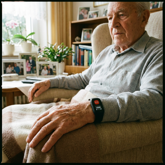 Hausnotruf-Gerät am Handgelenk eines Seniors