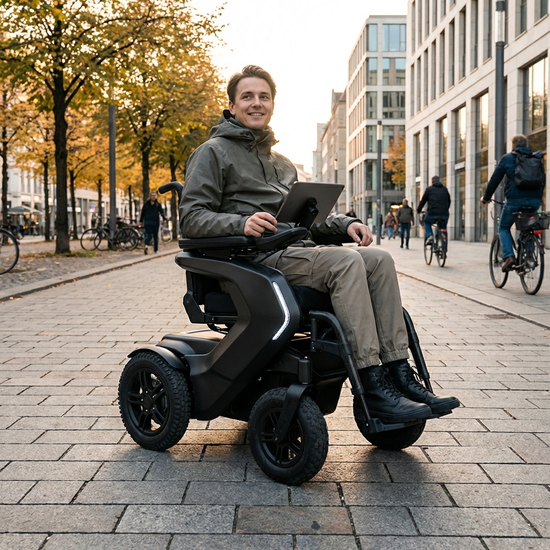 Moderner elektrischer Rollstuhl auf einem gepflasterten Weg