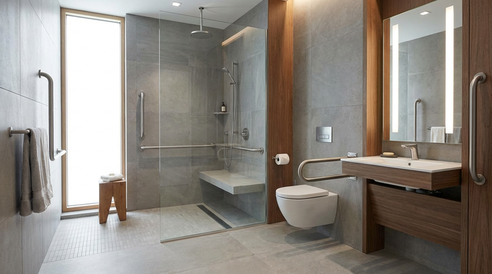 Modernes, barrierefreies Badezimmer mit Haltegriffen und bodengleicher Dusche