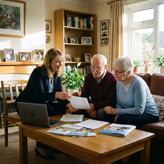 Pflegeberaterin sitzt mit einem älteren Ehepaar am Wohnzimmertisch und bespricht Unterlagen