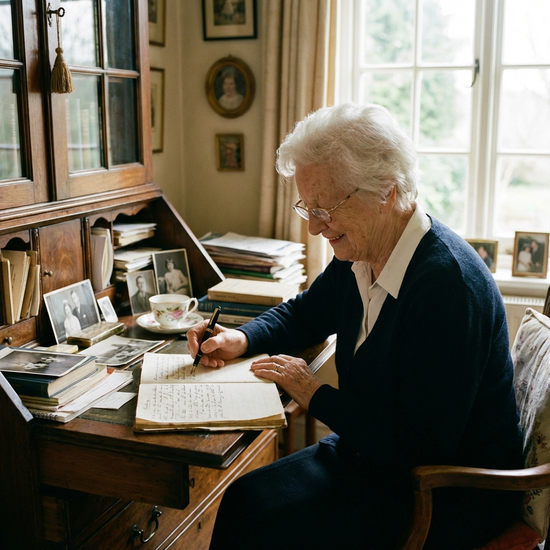 Ältere Dame sitzt am Schreibtisch und macht sich handschriftliche Notizen in einem Notizbuch