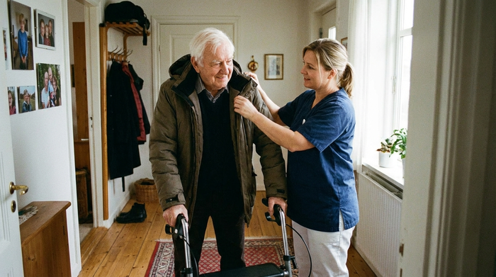 Pflegekraft hilft einem Senior beim Anziehen der Jacke im Flur