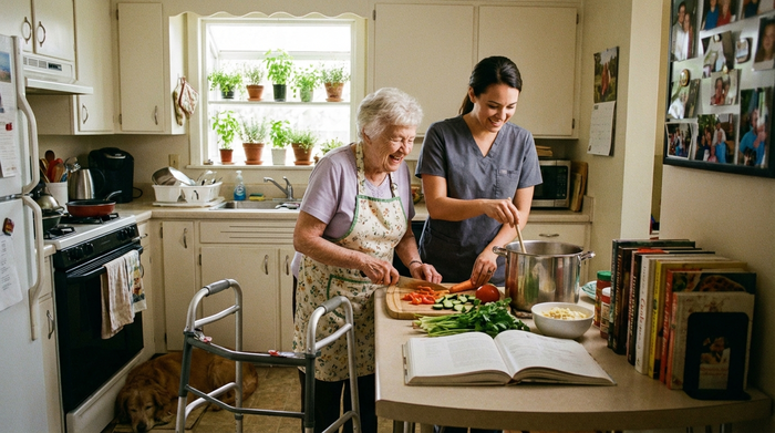 Pflegekraft und Seniorin bereiten gemeinsam eine Mahlzeit in der Küche vor