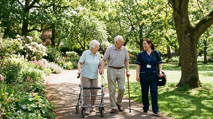 Älteres Paar spaziert gemeinsam mit einer Betreuungskraft durch einen grünen Park