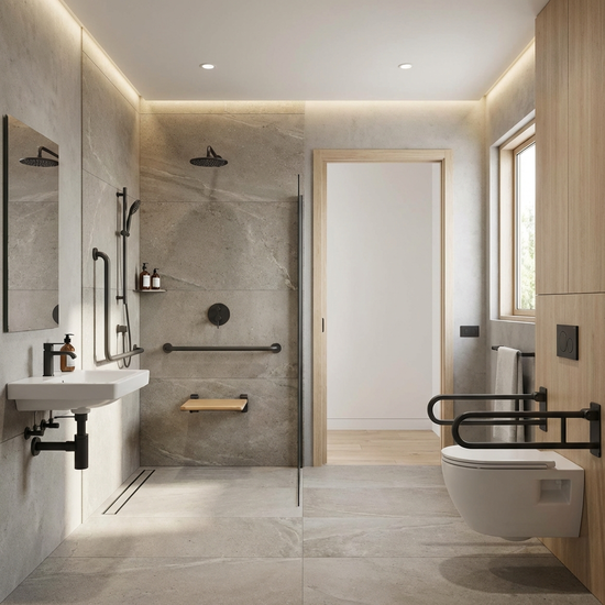 Modernes, barrierefreies Badezimmer mit einer ebenerdigen Dusche, Haltegriffen und einem Duschsitz