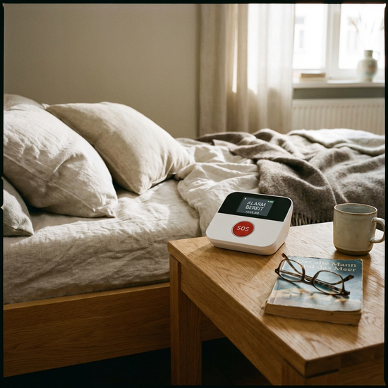 Ein Hausnotruf-Gerät steht auf einem hölzernen Nachttisch direkt neben einem Bett