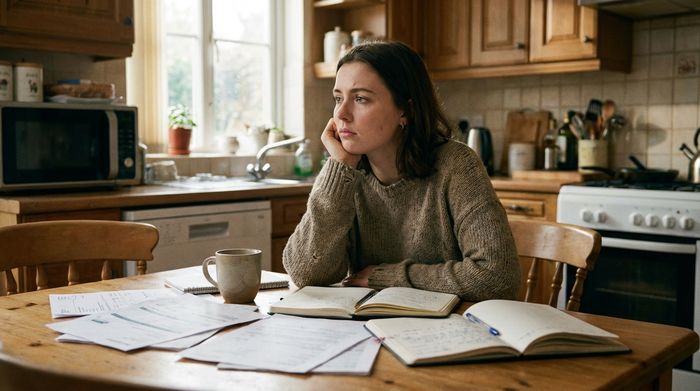 Nachdenkliche Tochter sitzt mit Dokumenten am Küchentisch