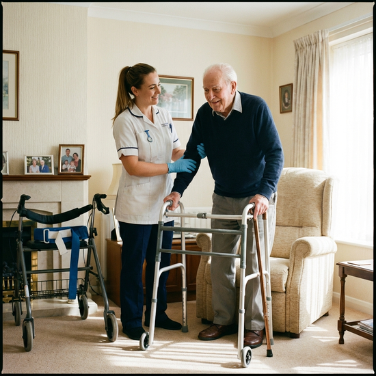 Professionelle Pflegekraft unterstützt älteren Herrn bei der Mobilisation