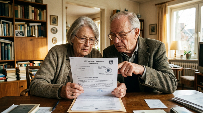 Älteres Ehepaar liest gemeinsam aufmerksam ein offizielles Schreiben
