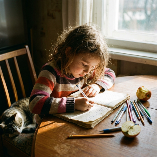 Tochter schreibt Notizen in ein Notizbuch am Tisch