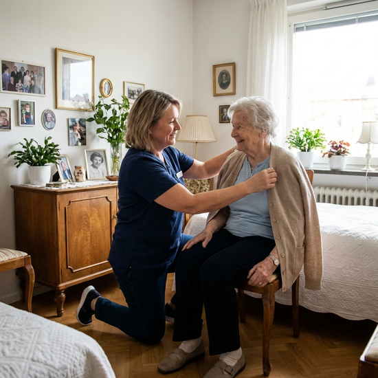 Pflegende Angehörige hilft Seniorin beim Anziehen