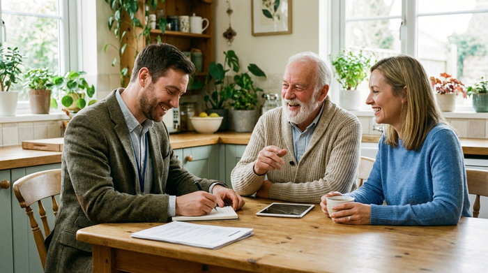 Freundlicher Gutachter sitzt mit Senior und Tochter am Tisch und macht sich Notizen