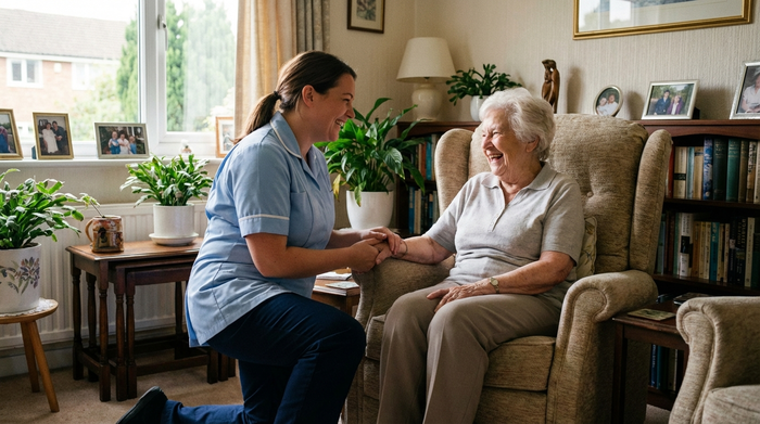 Freundliche Pflegekraft unterhält sich mit Seniorin