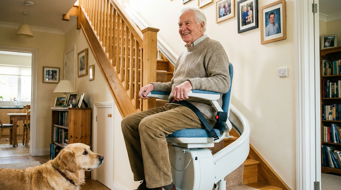 Senior fährt sicher mit einem Treppenlift