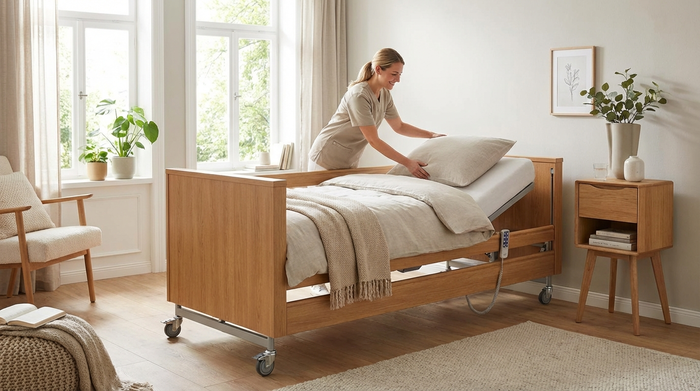 Modernes Pflegebett mit wohnlichem Holzdekor in einem hellen Schlafzimmer, eine freundliche Pflegerin richtet das Kissen