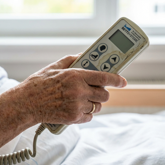 Nahaufnahme der elektrischen Fernbedienung eines Pflegebettes in der Hand einer älteren Person