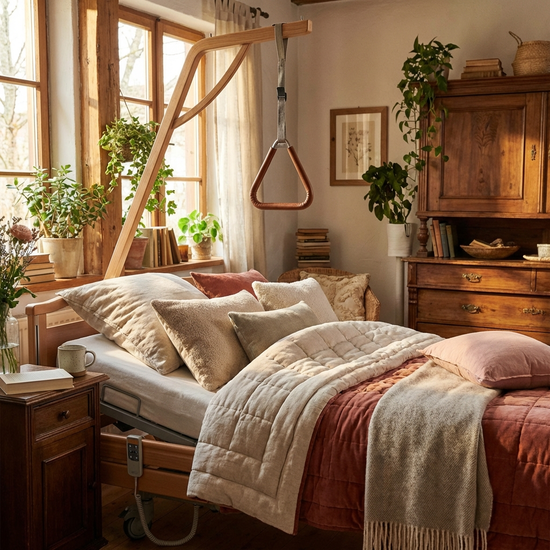 Bettgalgen mit dreieckigem Haltegriff über einem gemütlich hergerichteten Pflegebett