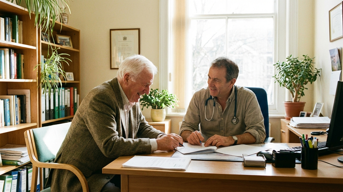 Älterer Herr und sein Hausarzt besprechen Dokumente am Schreibtisch in einer hellen Praxis