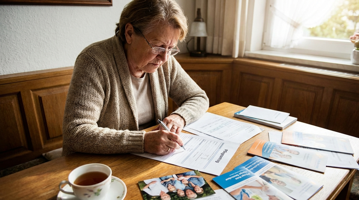 Angehörige füllt konzentriert ein Antragsformular am Esstisch aus