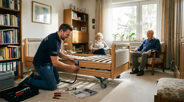 Mitarbeiter eines Sanitätshauses baut ein modernes Pflegebett im heimischen Schlafzimmer auf
